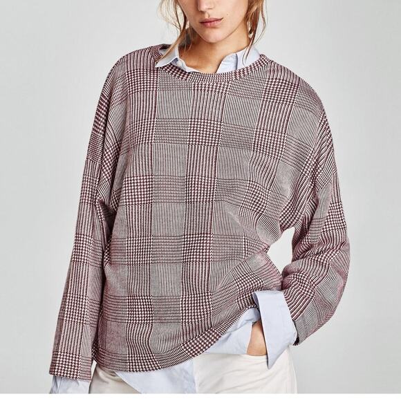 Zara Relaxed Fit Long Sleeve Lightweight Soft Crew Neck Knit Sweater M Burgundy - Picture 1 of 15